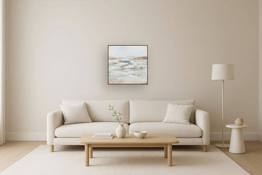 "Serene Horizons I" Hand-Embellished Canvas In Frame - Gray / Orange / Blue
