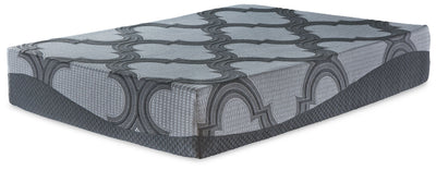 A corner view of an Ashley Sleep® Hybrid 1100 mattress featuring a geometric design in shades of gray and black. The mattress is thick and appears to be of a multi-layer construction.
