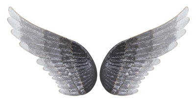 A symmetrical image of a pair of Classy Art 11x25 Metal Wall Decor - Dark Gray, textured wings with a detailed feather design, set against a white background.