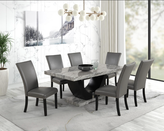 7-Piece Contemporary Faux Marble Dining Set with Pedestal Table