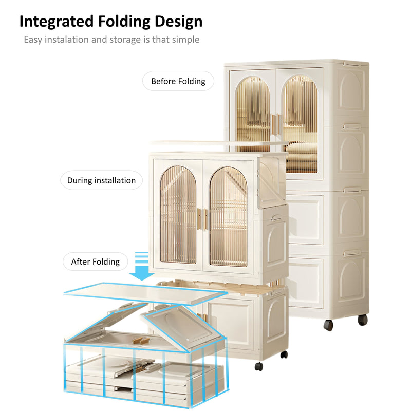 25.59" Side Wide Folding Wardrobe, 25.59" ×15.75" ×57.09" , With Magnetic Door, Plastic Storage Cabinet With Wheels ( One Layer Of Wardrobe + Two Layers Of Folding Boxes + 10 Hangers ) - Cream White