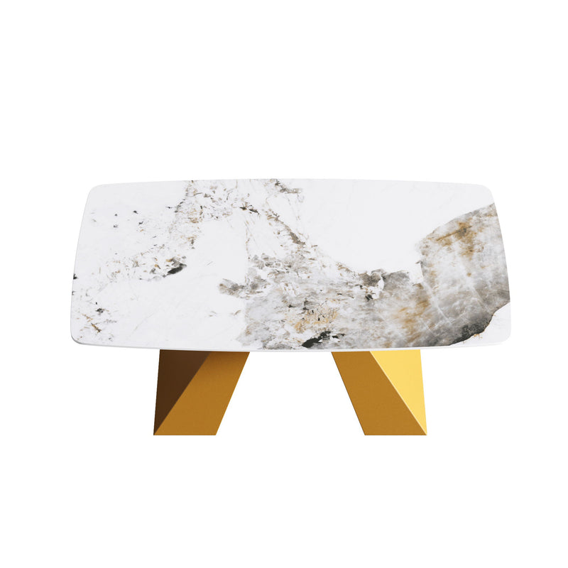 63" Modern Artificial Stone Pandora White Curved Metal Leg Dining Table, 6 People - Antique White / Gold