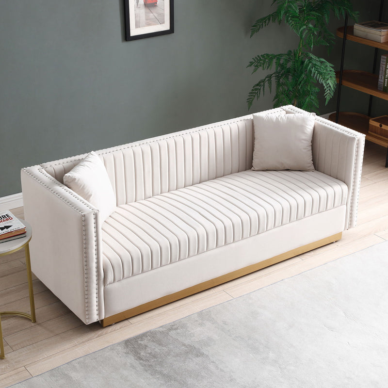 Contemporary Vertical Channel Tufted Sofa Modern Upholstered Couch For Living Room With 2 Pillows