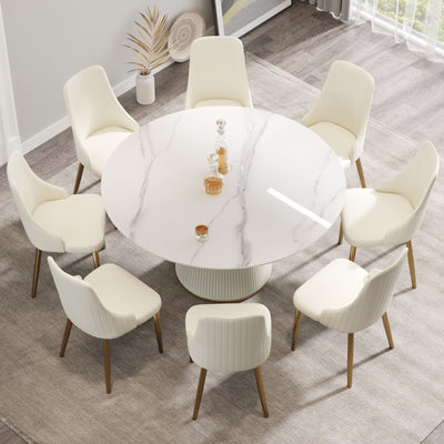 Modern Artificial Stone Round Plywood PU Base Dining Table, Can Accommodate 8 People, (Not Including Chairs) - White / Beige