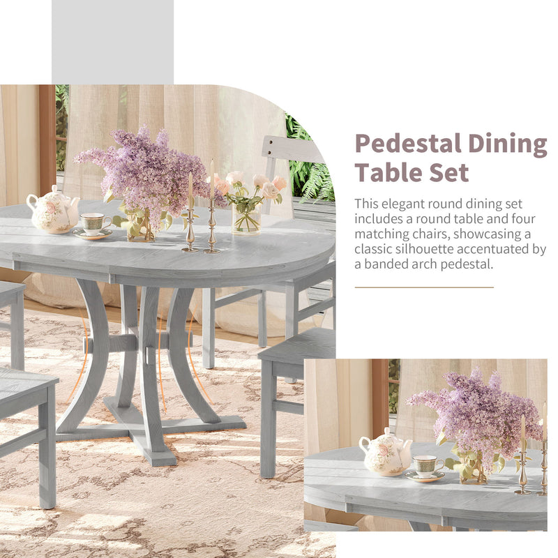 Topmax - 5 Piece Rustic Round Pedestal Extendable Dining Table Set With 15.7" Removable Leaf And Simple Dining Chirs For Small Places