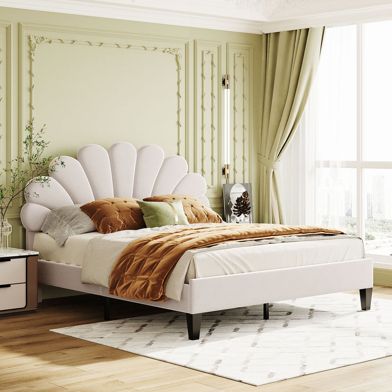 Upholstered Platform Bed With Flower Pattern Velvet Headboard