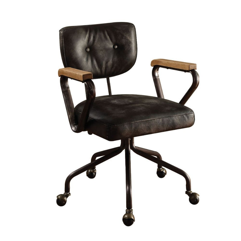 Our durable Hallie office chair gets its industrial look from oversized button tufted back and vintage top grain leather. The 5-star swivel base fitted with casters, it keeps you moving from one task to the next. Some Assembly Required.