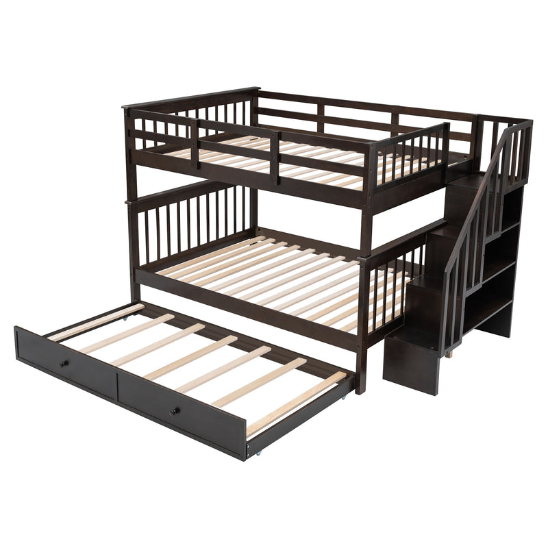 Stairway Bunk Bed With Twin Size Trundle, Storage And Guard Rail For Bedroom, Dorm