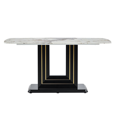 Rectangular Marble Dining Table, Luxurious Dining Room Table With Faux Marble Top And U-Shape MDF Base, Modern Kitchen Dining Table For Kitchen Living Dining Room - White / Black