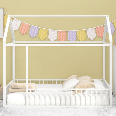 Metal Bed House Bed Frame With Fence, For Kids, Teens, Girls, Boys