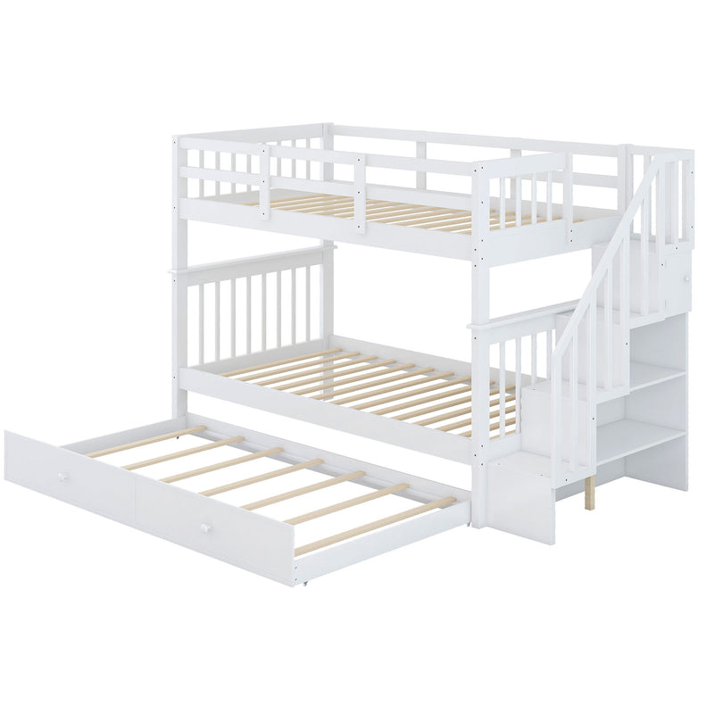 Stairway Bunk Bed With Twin Size Trundle, Storage And Guard Rail For Bedroom, Dorm