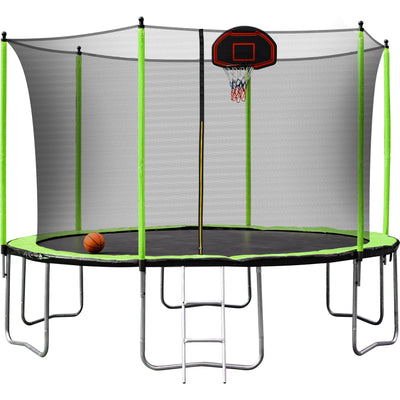 14Ft Trampoline With Basketball Hoop Inflator And Ladder (Inner Safety Enclosure) - Green