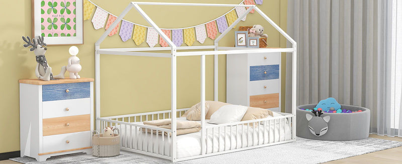 Metal Bed House Bed Frame With Fence, For Kids, Teens, Girls, Boys