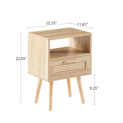 15.75" Rattan End Table With Drawer And Solid Wood Legs, Modern Nightstand, Side Table For Living Room, Bedroom