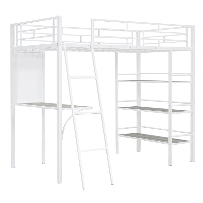 Loft Metal Bed With 3 Layers Of Shelves And Desk, Stylish Metal Frame Bed With Whiteboard