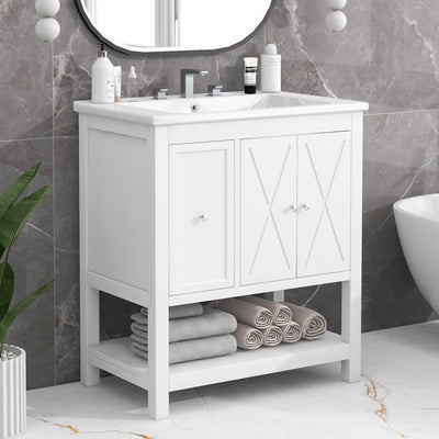 Bathroom Vanity With Sink Top, Bathroom Vanity Cabinet With Two Doors And One Drawer, MDF Boards, Solid Wood, One Package - White