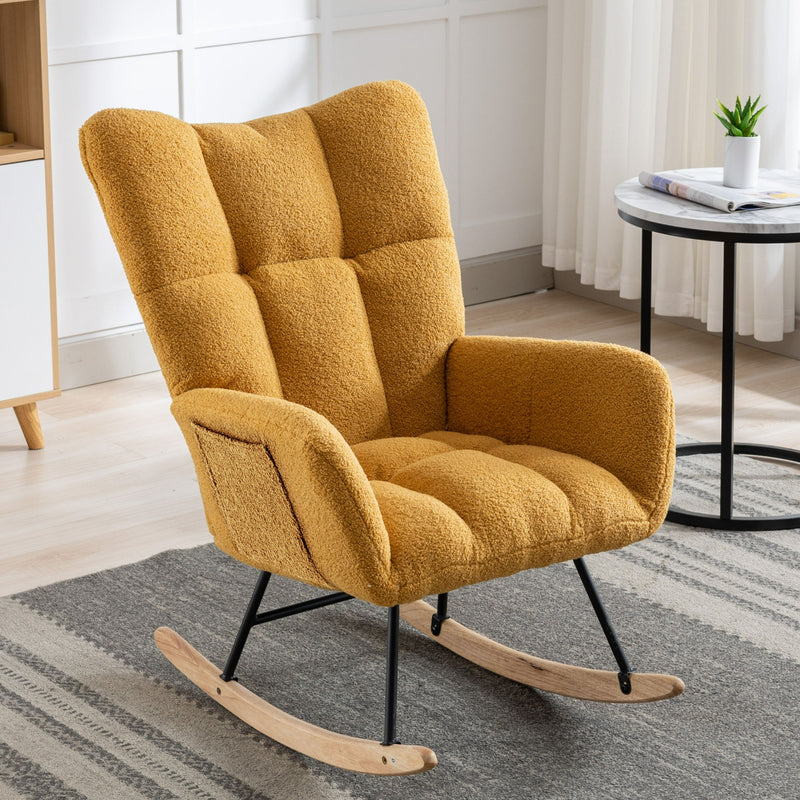 Rocking Chair With Pocket, Soft Teddy Fabric Rocking Chair For Nursery, Comfy Wingback Glider Rocker With Safe Solid Wood Base For Living Room