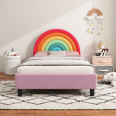 Rainbow Design Upholstered Twin Platform Bed Cute Style Princess Bed For Boys & Girls, Teens - Colorful / Pink