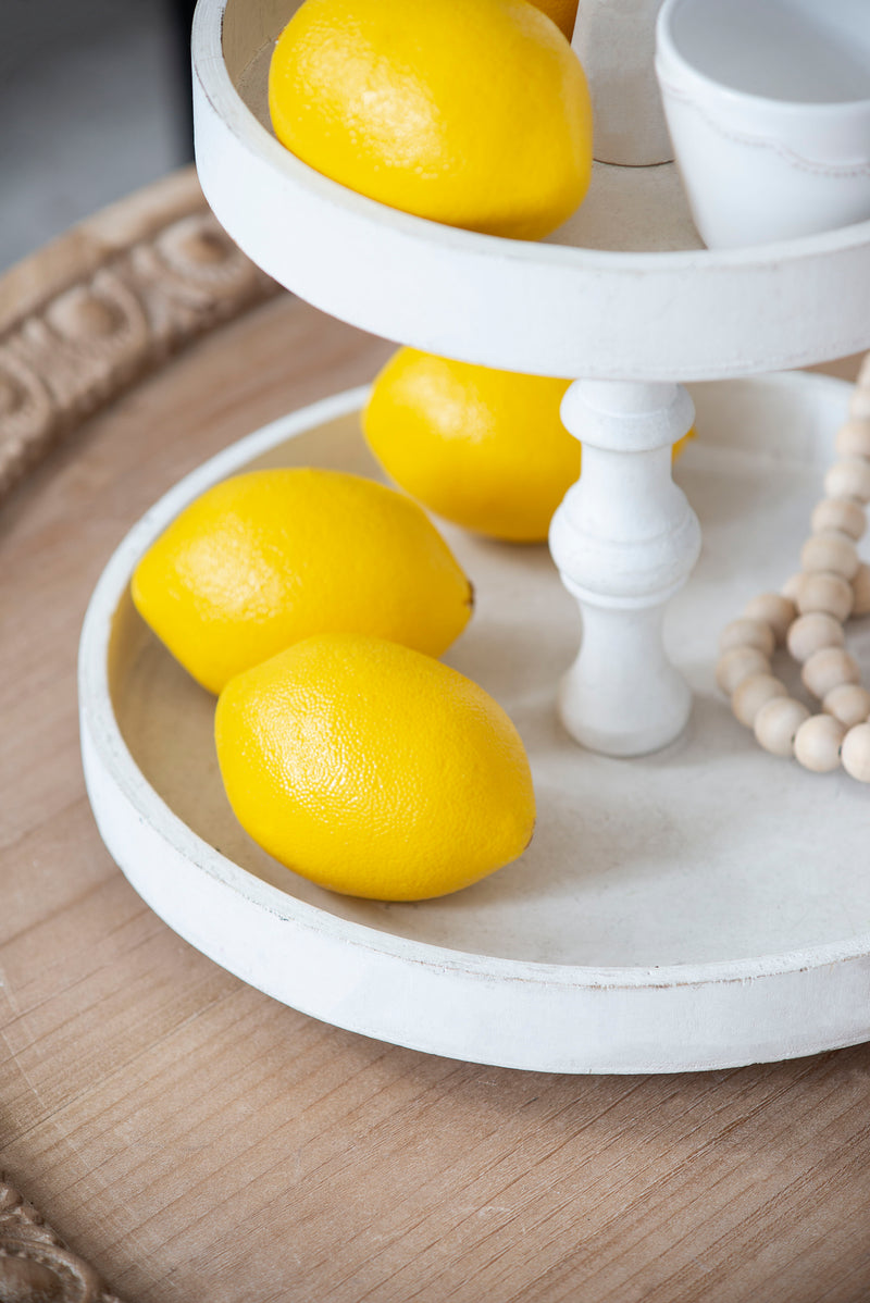 Two Tiered Round Wooden Tray - White