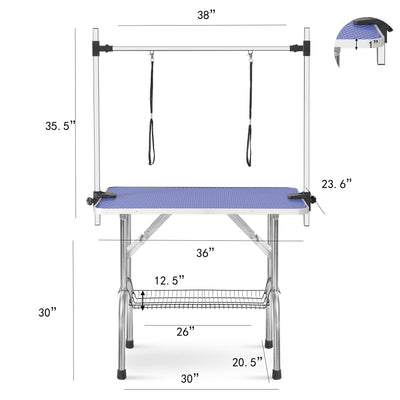 Folding Dog Pet Grooming Table Stainless Steel Frame Rubber Mat On Board With Adjustable Arm And Clamps Pet Dog Cat Grooming Table