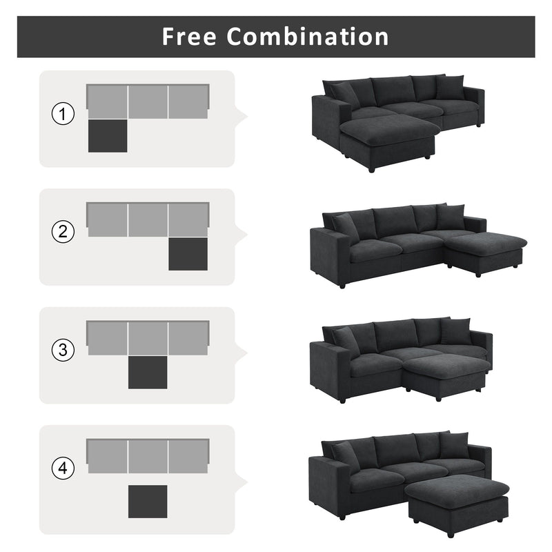 Modern Sectional Sofa, L-Shaped Couch Set With 2 Free Pillows, 4-Seat Polyester Fabric Couch Set With Convertible Ottoman For Living Room, Apartment, Office