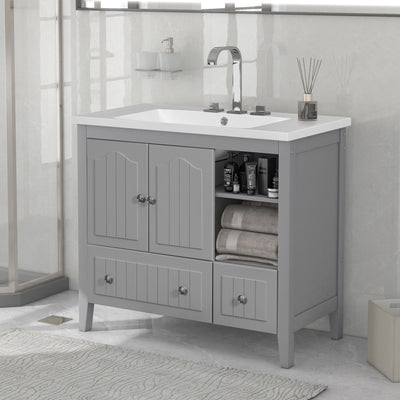 Bathroom Vanity With Ceramic Basin, Bathroom Storage Cabinet With Two Doors And Drawers, Solid Frame, Metal Handles