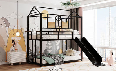 Twin Over Twin Metal Bunk Bed, Metal Housebed With Slide, Three Colors Available