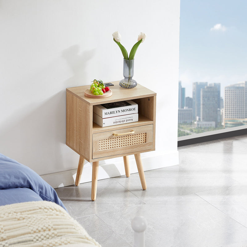 15.75" Rattan End Table With Power Outlet & USB Ports, Modern Nightstand With Drawer And Solid Wood Legs, Side Table For Living Room, Bedroom