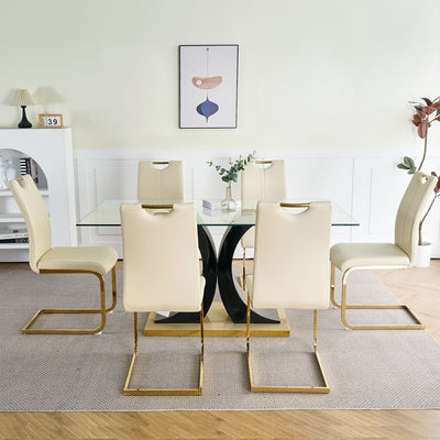 Modern Style Glass Dining Table With Elegant Transparent Design, Solid Support Base, Pale Yellow Dining Chair Set With Gold-Plated Legs, Suitable For Restaurant Kitchens