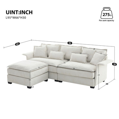 Oversized Luxury Sectional Sofa With Bentwood Armrests, 4 Seat Upholstered Indoor Furniture With Double Cushions, L Shape Couch With Ottoman For Living Room