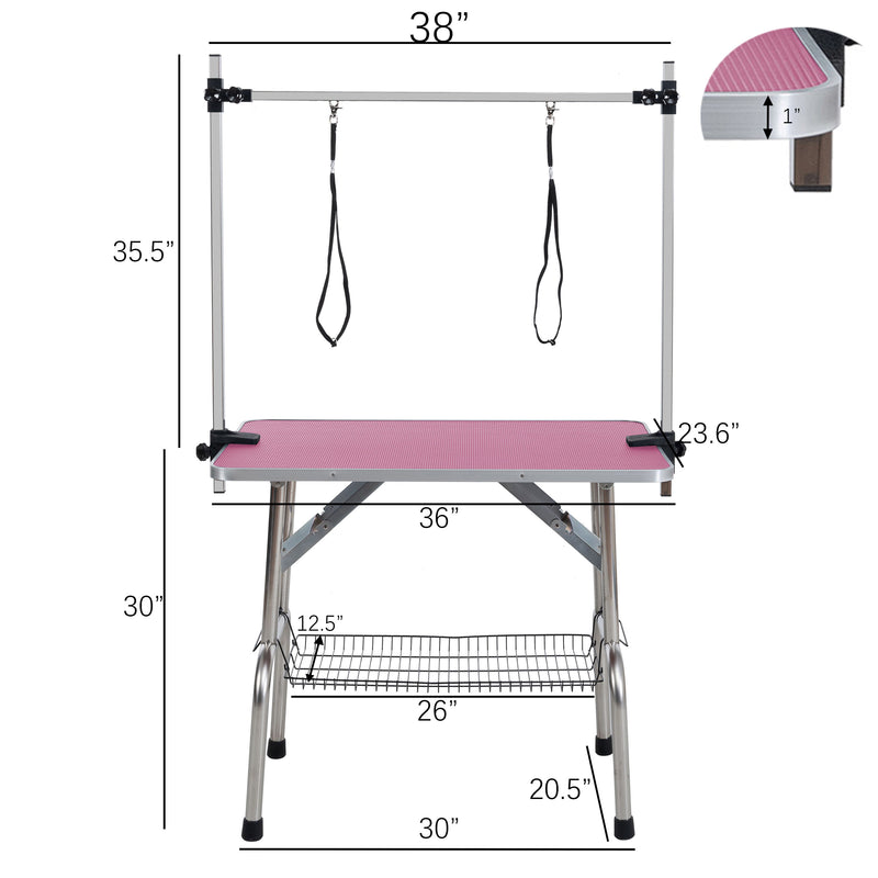 Folding Dog Pet Grooming Table Stainless Steel Frame Rubber Mat On Board With Adjustable Arm And Clamps Pet Dog Cat Grooming Table