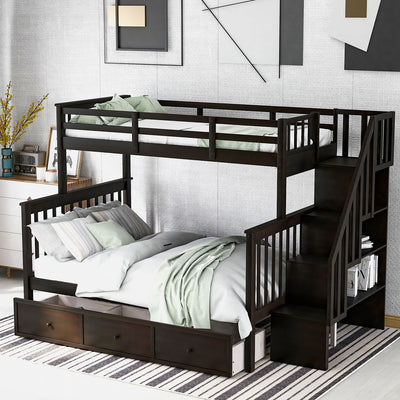 Twin Over Full Stairway Bunk Bed With Drawer, Storage And Guard Rail For Bedroom, Dorm, For Adults