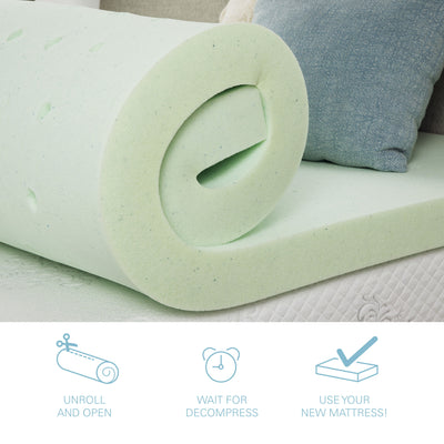 3" Short Queen Size Cool Gel Memory Foam Mattress Topper - Light Green