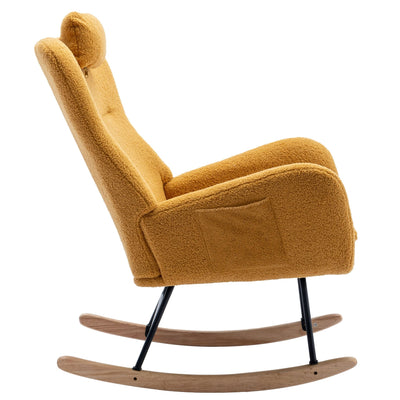 35.5" Rocking Chair With Pocket, Soft Teddy Fabric Rocking Chair For Nursery, Comfy Wingback Glider Rocker With Safe Solid Wood Base For Living Room Bedroom Balcony - Turmeric