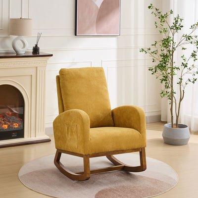 Rocking Chair For Nursery, Polyester Glider Chair With High Back And Side Pocket, Rocking Accent Armchair With Rubber Wood Legs For Living Room / Bedroom