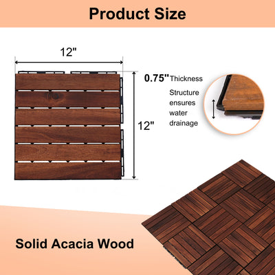 Interlocking Deck Tiles Striped Pattern, Square Acacia Hardwood Outdoor Flooring For Patio, Bancony, Pool Side