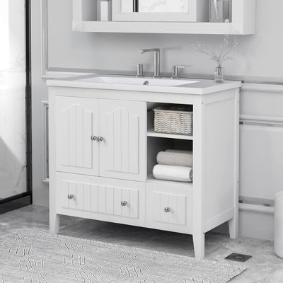 Bathroom Vanity With Ceramic Basin, Bathroom Storage Cabinet With Two Doors And Drawers, Solid Frame, Metal Handles