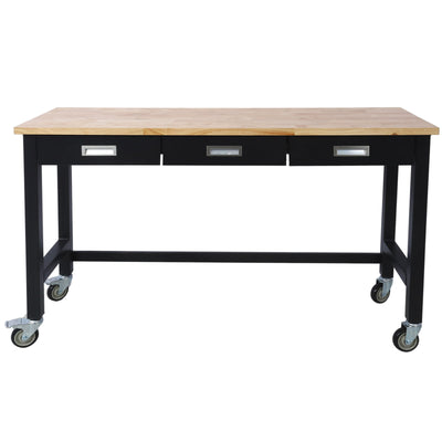 Work Bench, Workbench With Drawer Storage, Heavy Duty Bamboo Wood Work Table With Wheels For Garage Home Office