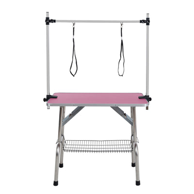 Folding Dog Pet Grooming Table Stainless Steel Frame Rubber Mat On Board With Adjustable Arm And Clamps Pet Dog Cat Grooming Table