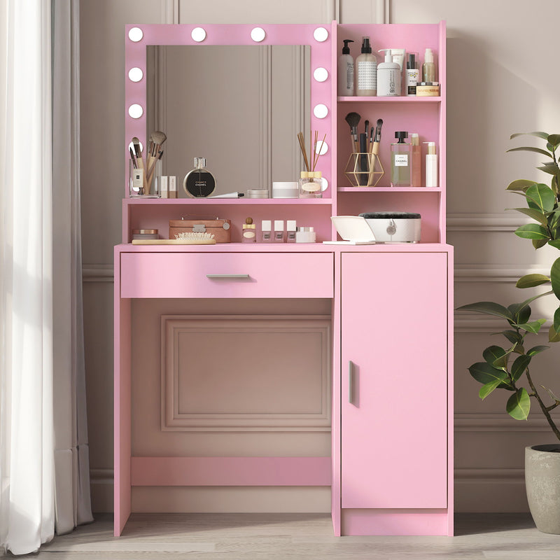 Vanity Desk With Mirror & Light, Large Drawer Three Level Storage Dresser, 3 Lighting Modes Adjustable Brightness, Bedroom Dressing Table