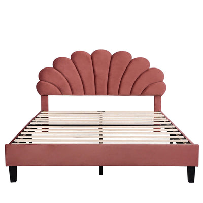 Upholstered Platform Bed With Flower Pattern Velvet Headboard