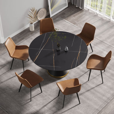 59.05" Modern Artificial Stone Round Black Carbon Steel Base Dining Table, Can Accommodate 6 People - Black