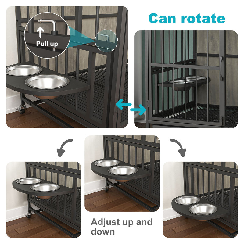 Modern Kennel Dogs Room Up To 80 Lb, Dog Crate Furniture With Multi-Purpose Rremovable Ttray, Double-Door Dog House, Lift Panel, 360 Degree Rotation, 3 Height Adjustable Feeding Bowls