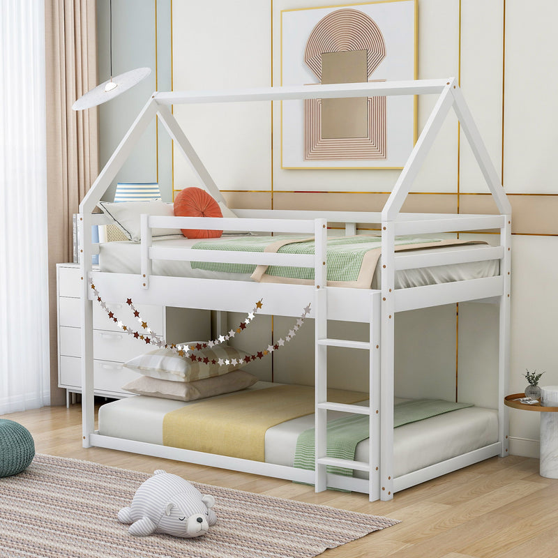 Twin Over Twin Low Bunk Bed, House Bed With Ladder - White