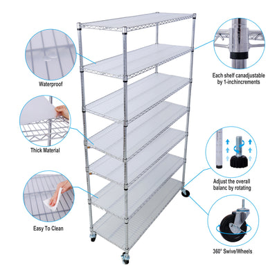 7 Tier Metal Shelf Wire Shelving Unit, 2450Lbs Heavy Duty Adjustable Storage Rack With Wheels & Shelf Liners For Closet Kitchen Garage Basement Commercial Shelving