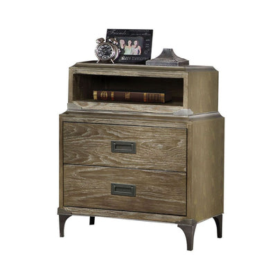 The Athouman nightstand is durably designed and features a versatile finish. Its features two drawers and an open shelf that's perfect for stowing bedroom essentials. A built-in power dock offers an added convenience.