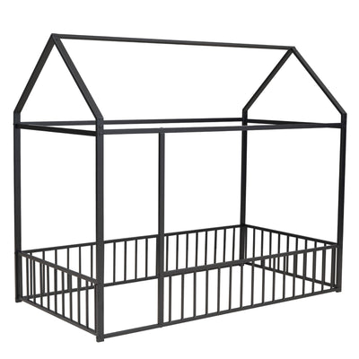 Twin Size Metal Bed House Bed Frame With Fence, For Kids, Teens, Girls, Boys