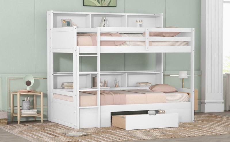 Twin Size Bunk Bed With Built-In Shelves Beside Both Upper And Down Bed And Storage Drawer