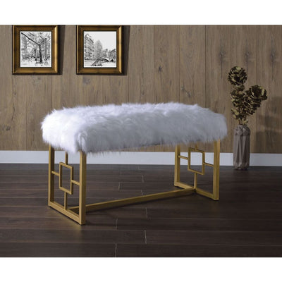 Bagley II - Bench - White Faux Fur & Gold - 21" - Grand Furniture GA