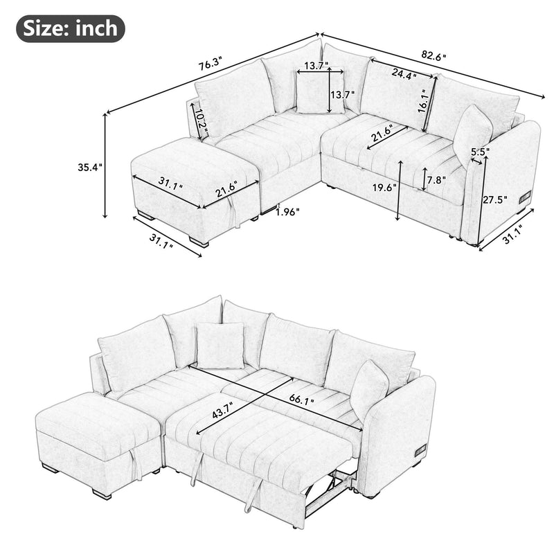 L-Shaped Sectional Pull Out Sofa Bed Sleeper Sofa With Two USB Ports, Two Power Sockets And A Movable Storage Ottoman